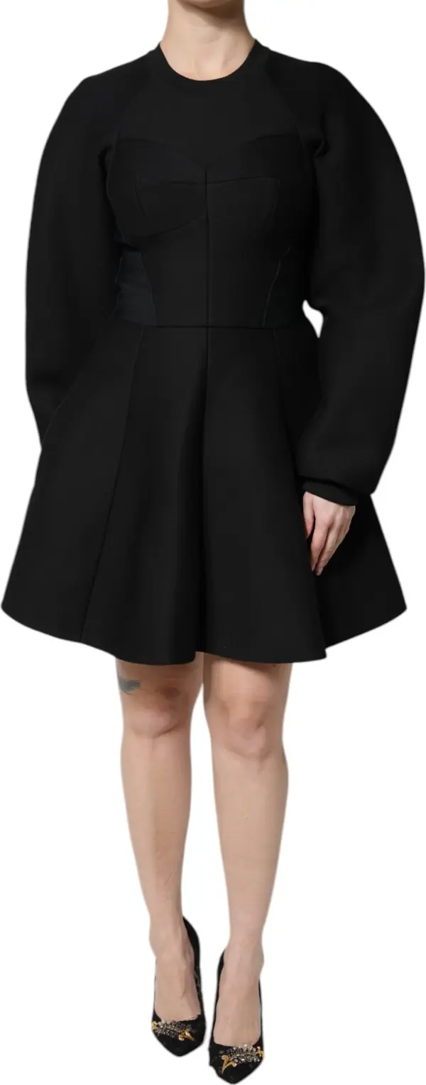 Black Cotton Long Sleeves A-line Mini Dress