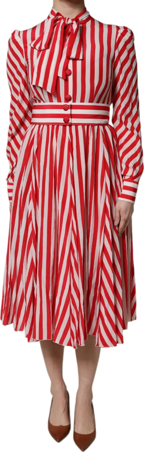 White Red Stripes Long Sleeves Midi Dress
