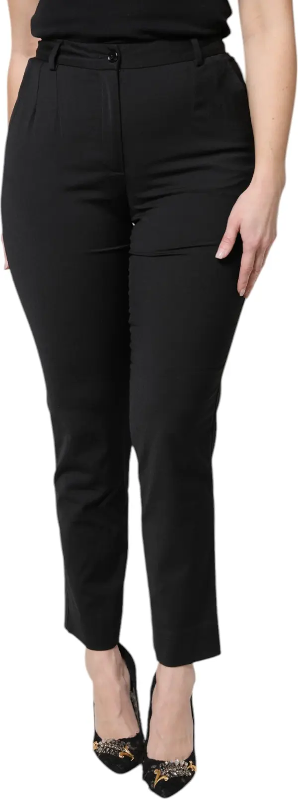 Black Polyester High Waist Slim Pants
