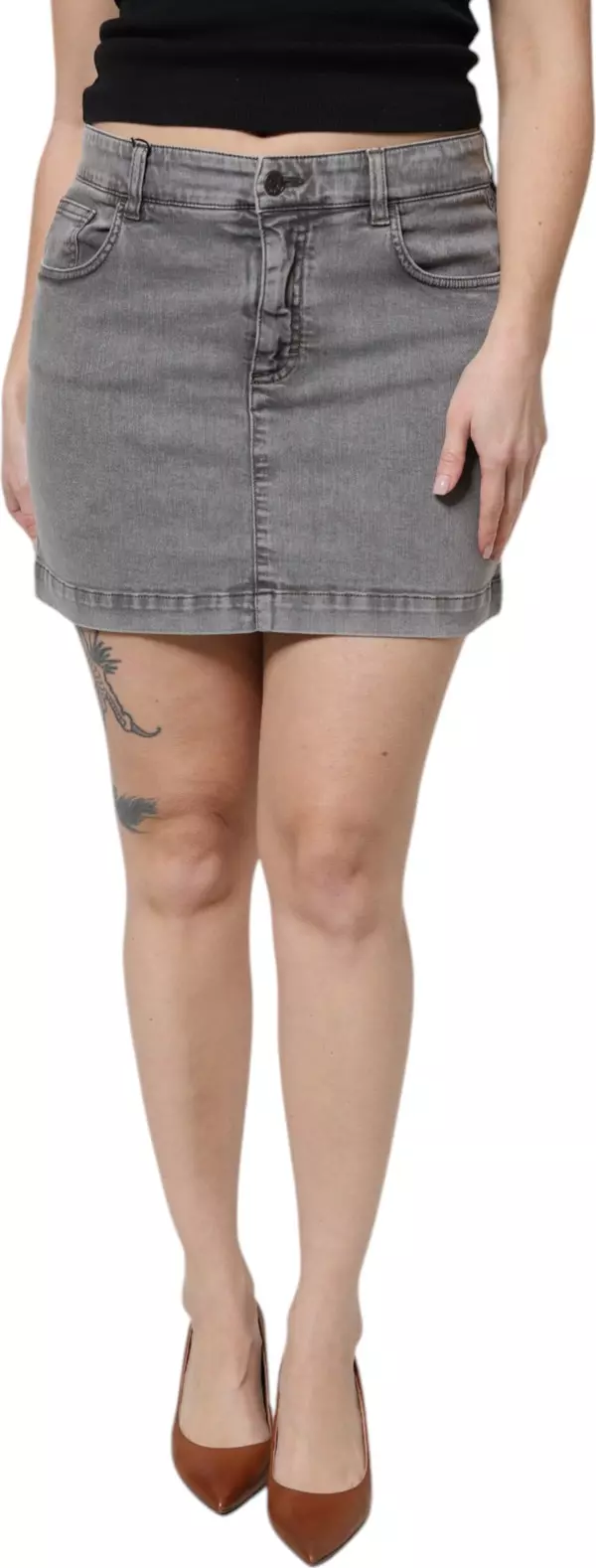 Gray Cotton Stretch Mid Waist Denim Mini Skirt
