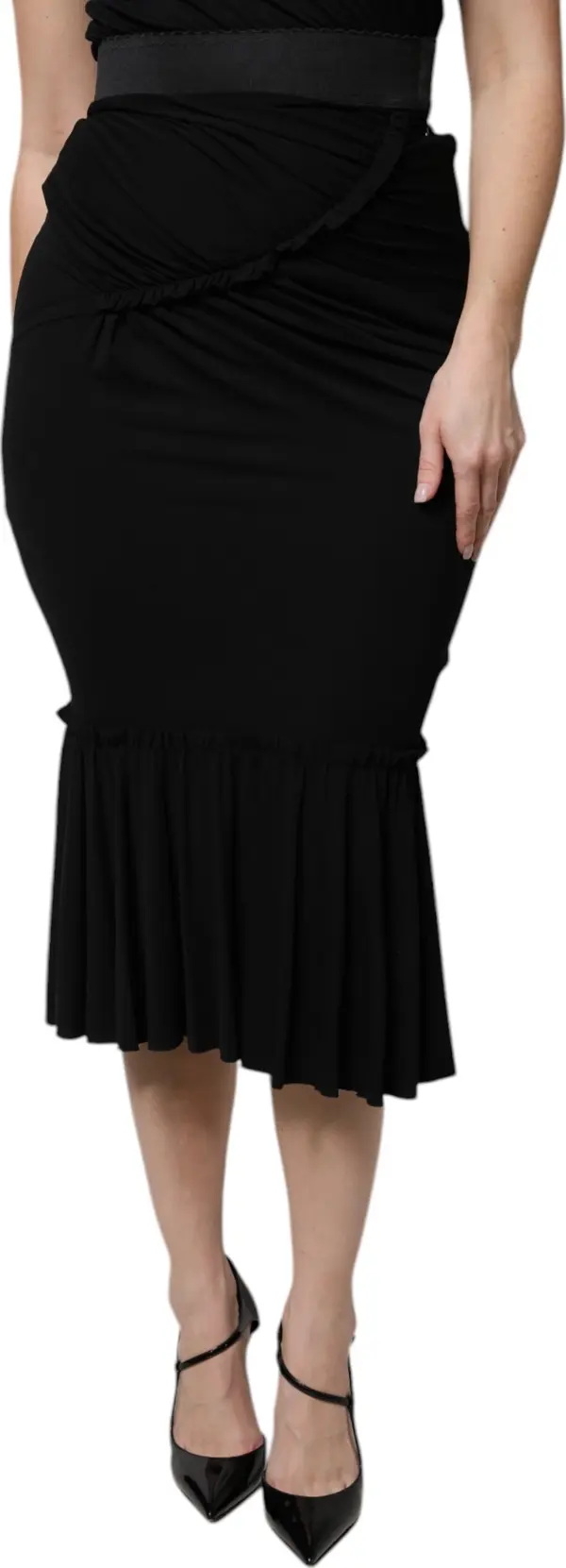 Black Mermaid Cut High Waist Midi Skirt