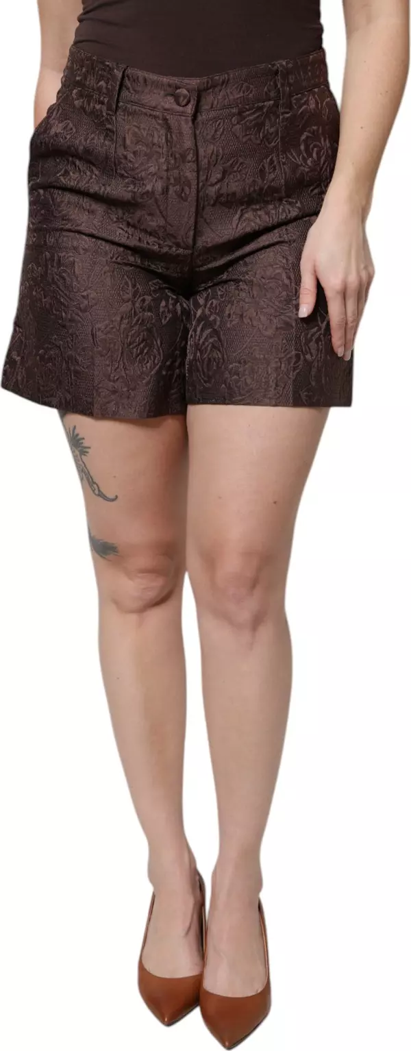 Brown Floral Brocade Mid Waist Mini Short