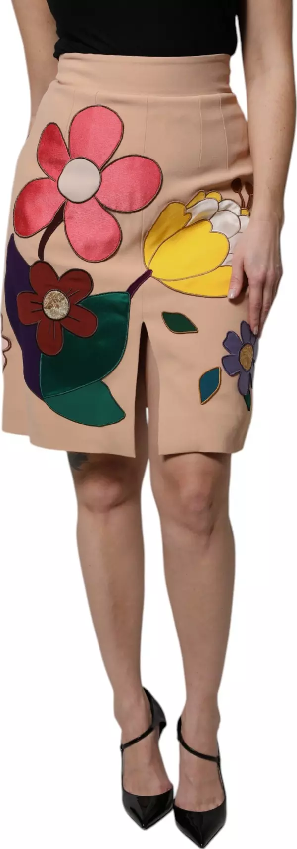 Beige Floral High Waist Pencil Cut Skirt
