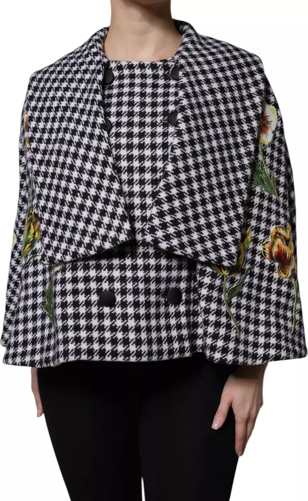 Black White Monochrome Patterned Floral Cape Jacket