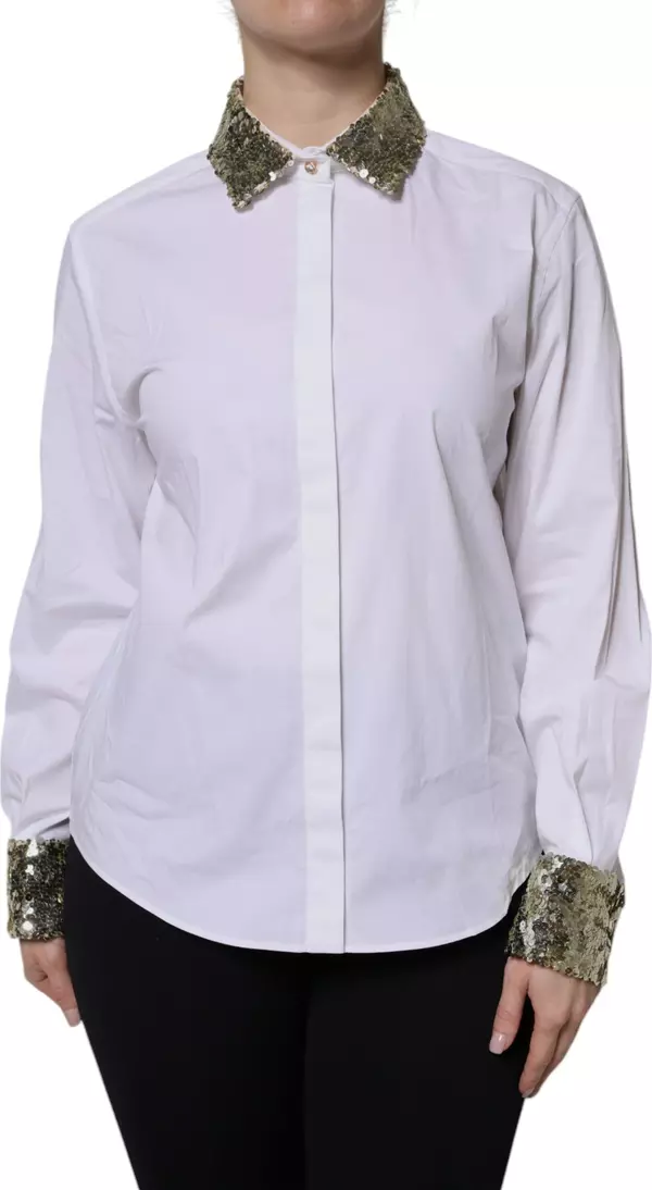 White Cotton Long Sleeves Sequin Shirt Top