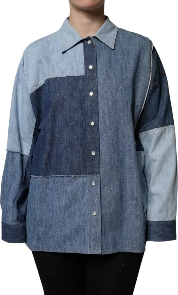 Blue Cotton Button Up Collared Long Sleeve Top