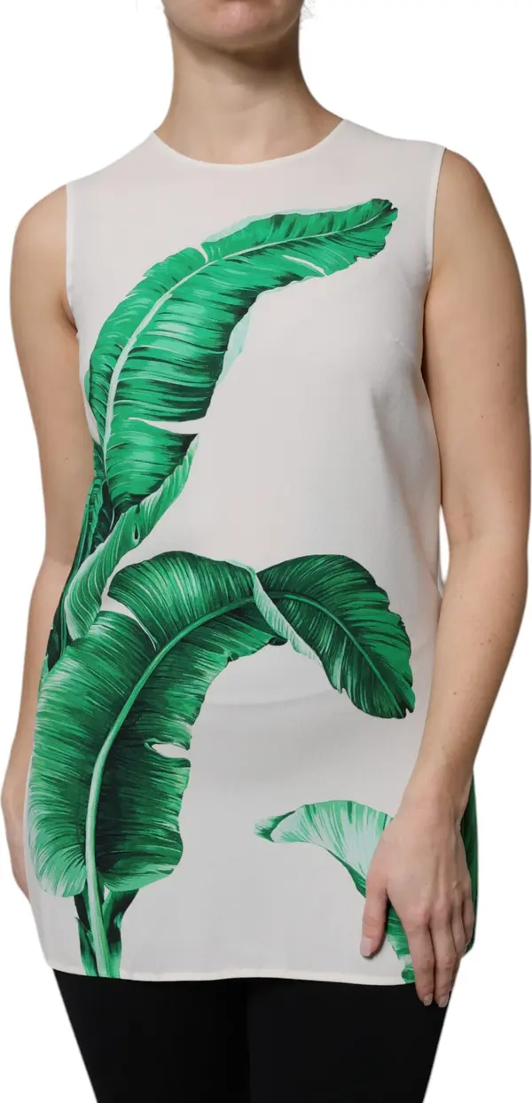 White Banana Leaf Print Round Neck Tank Top