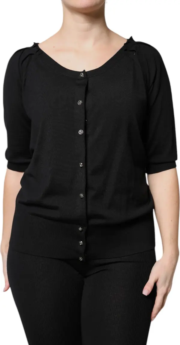 Black Button Down Short Sleeve Blouse Top