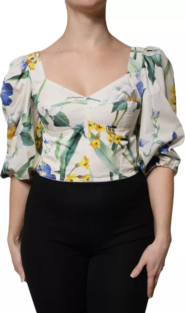 White Floral Puff Sleeves Crop Blouse Top