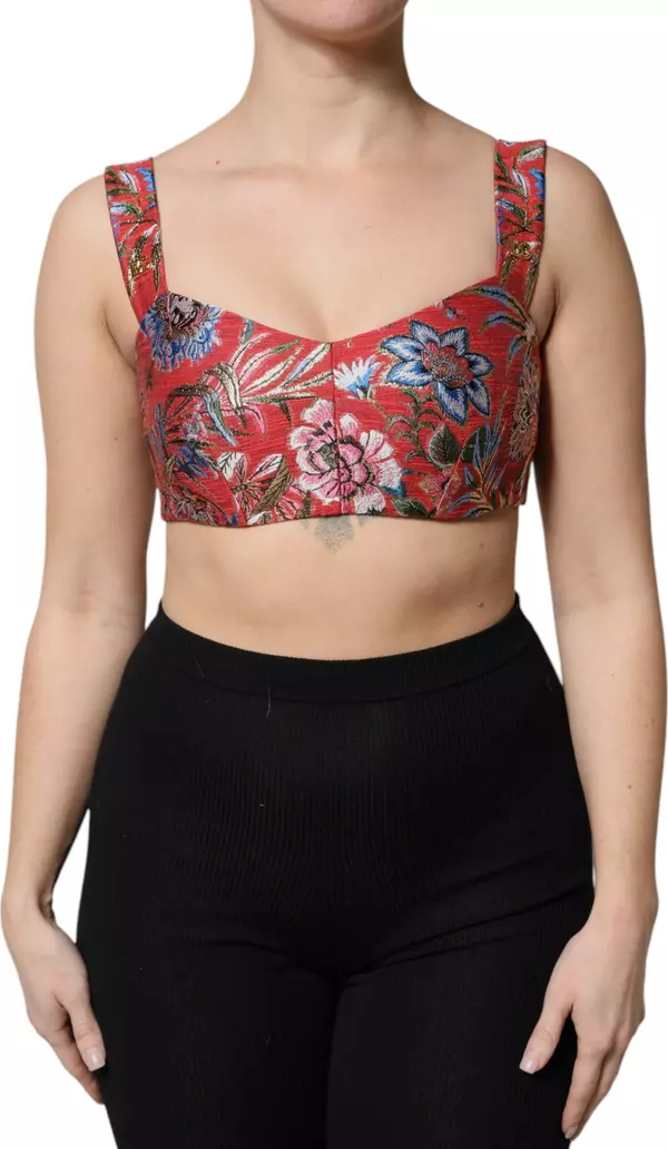 Red Floral Brocade Cropped Bustier Corset Top