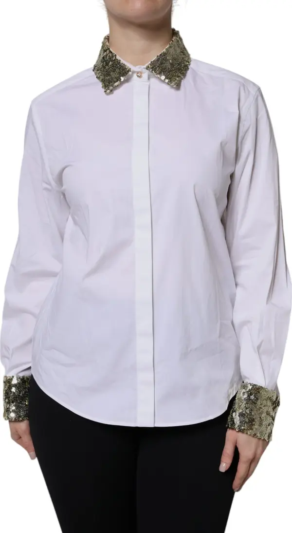 White Cotton Long Sleeves Sequin Shirt Top