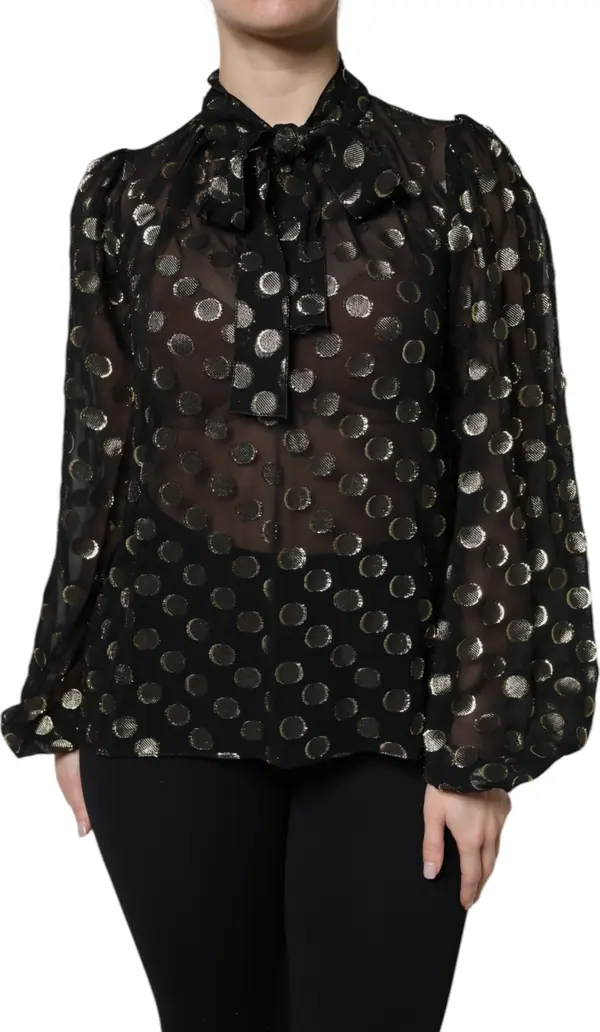 Black Sheer Tied Neck Polka Dots Blouse Top