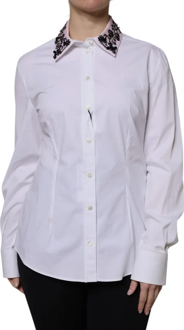 White Embellished Collared Dress Shirt Top