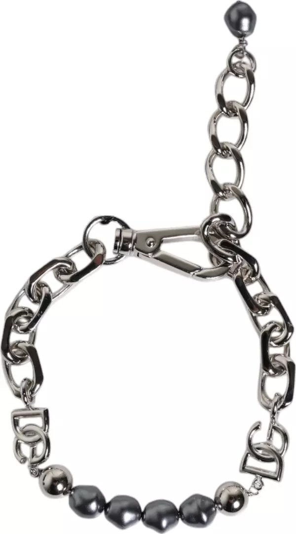 Silver Tone Chain Lobster Clasp Logo Gray Pearls Bracelet