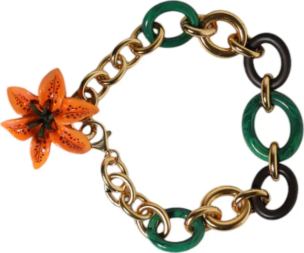 Multicolor Gold Brass Orange Lily Floral Chain Necklace