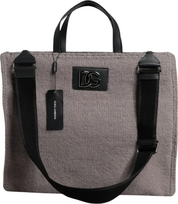 Grey Alpaca Wool Logo Plaque Tote Shoulder Bag