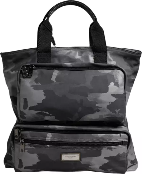 Gray Camo Cotton Multiple Compartments Tote Bag