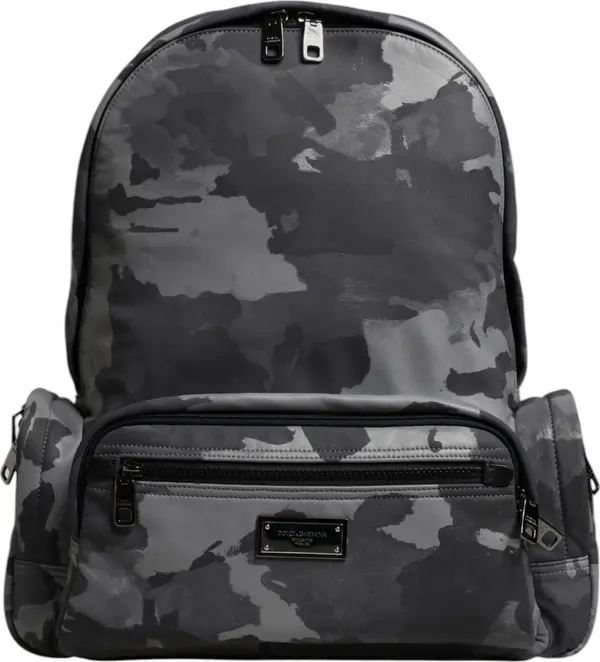 Gray Cotton Camouflage Logo Plaque Backpack Bag
