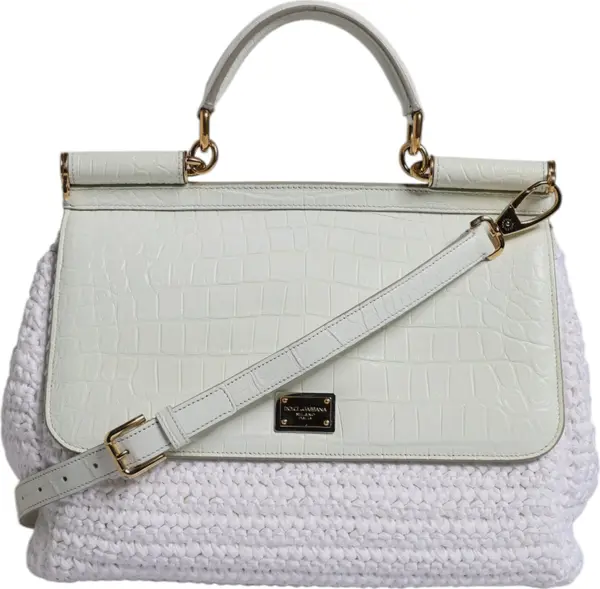 White Rafia Leather Top Handle Crossbody Bag