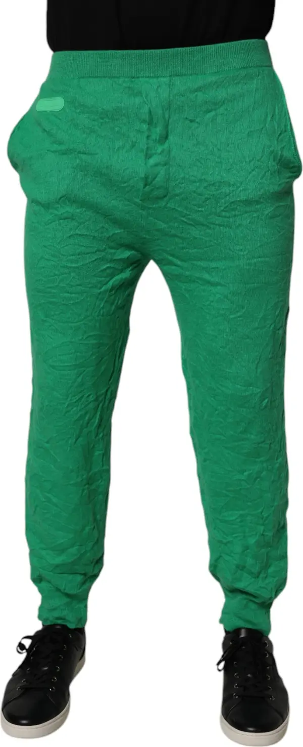 Green Cotton Elastic Waist Men Casual Pants