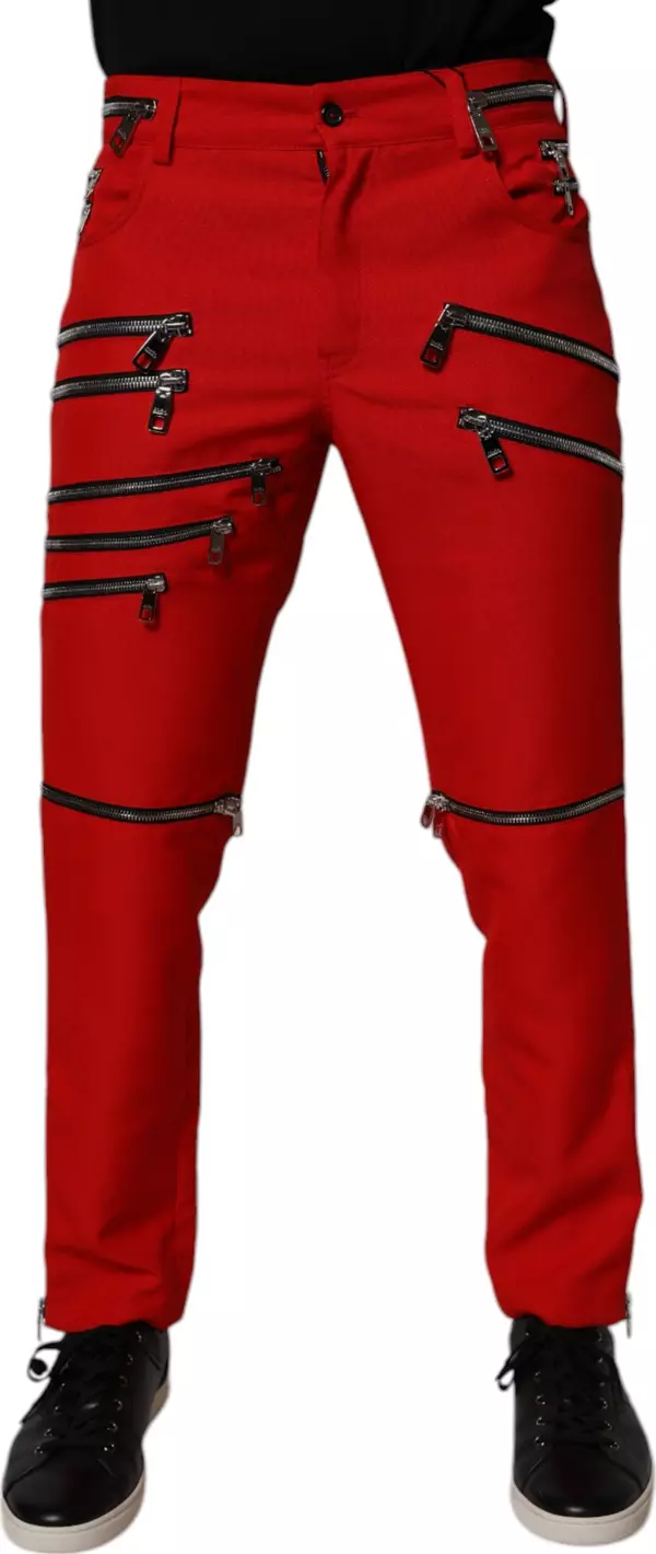 Red Zipper Embellished Straight Pants