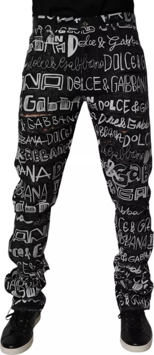 Black Cotton Logo Print Straight Denim Jeans