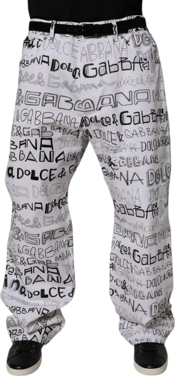 White Logo Print Straight Men Denim Jeans
