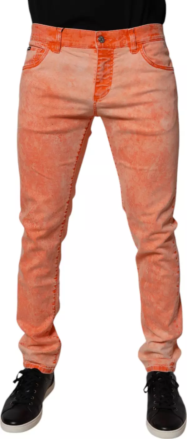 Orange Tie Dye Cotton Skinny Men Denim Jeans