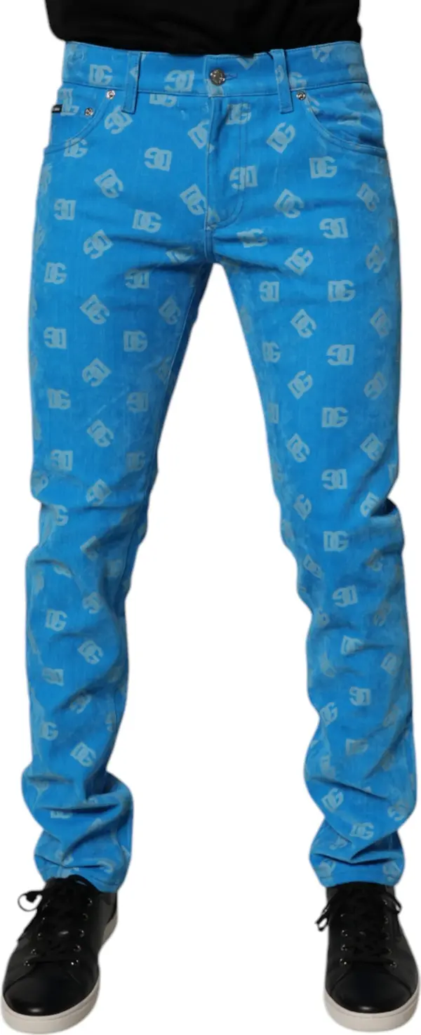 Blue Logo Monogram Cotton Skinny Denim Jeans