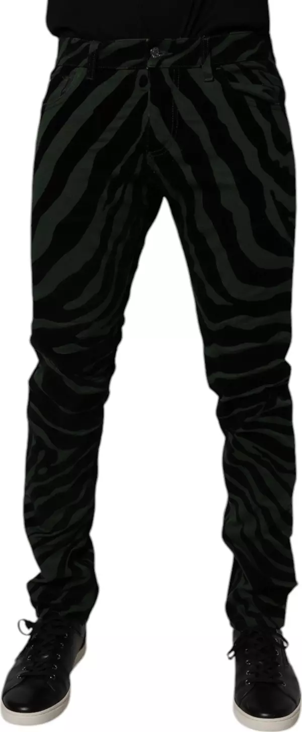 Black Green Stripes Cotton Skinny Denim Jeans