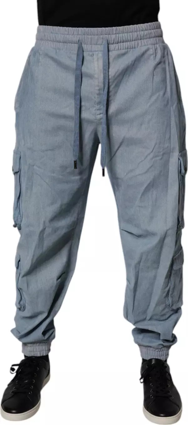 Light Blue Cotton Jogger Cargo Men Denim Pants