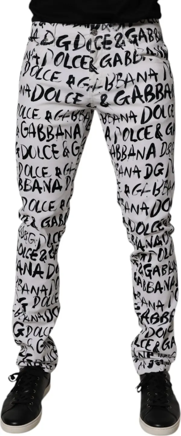 White Cotton Logo Print Skinny Denim Jeans
