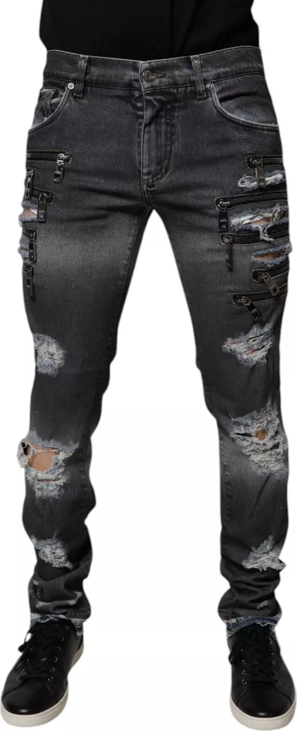 Dark Gray Tattered Cotton Skinny Denim Jeans