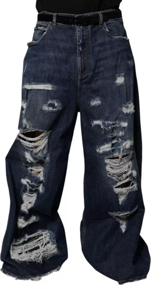 Dark Blue Tattered Wide Leg Men Denim Jeans