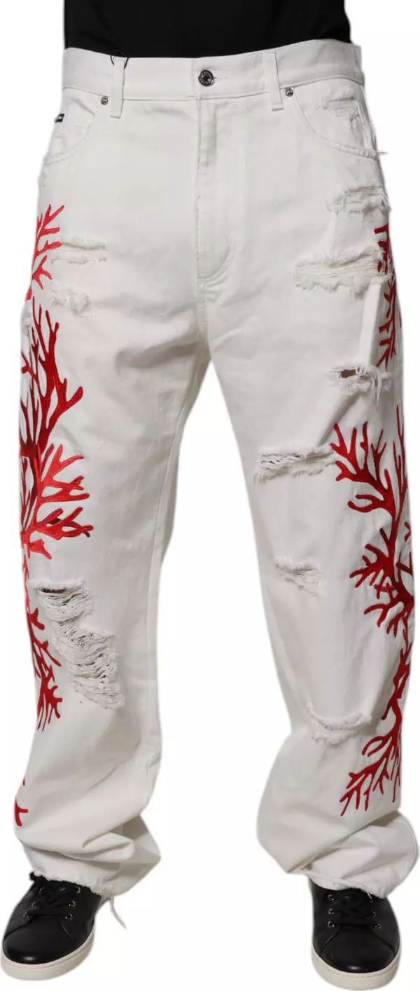 White Corals Tattered Straight Denim Jeans