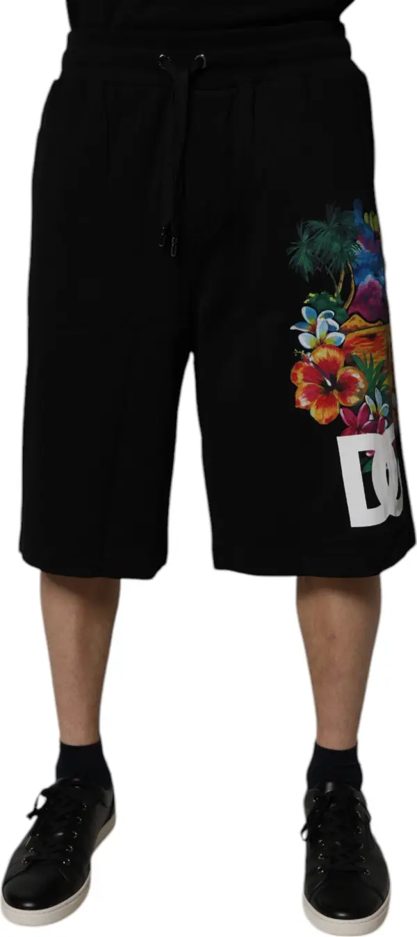 Black Cotton Logo Floral Print Bermuda Shorts