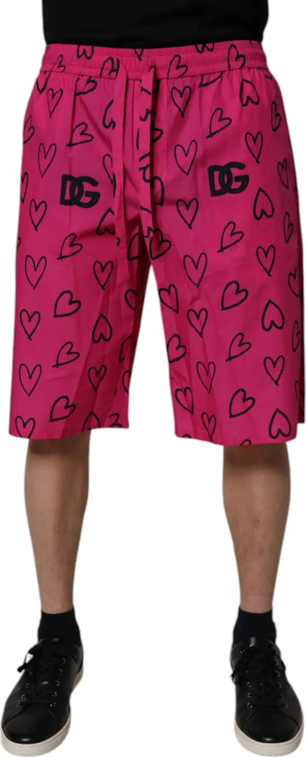 Pink Cotton Heart Print Bermuda Shorts