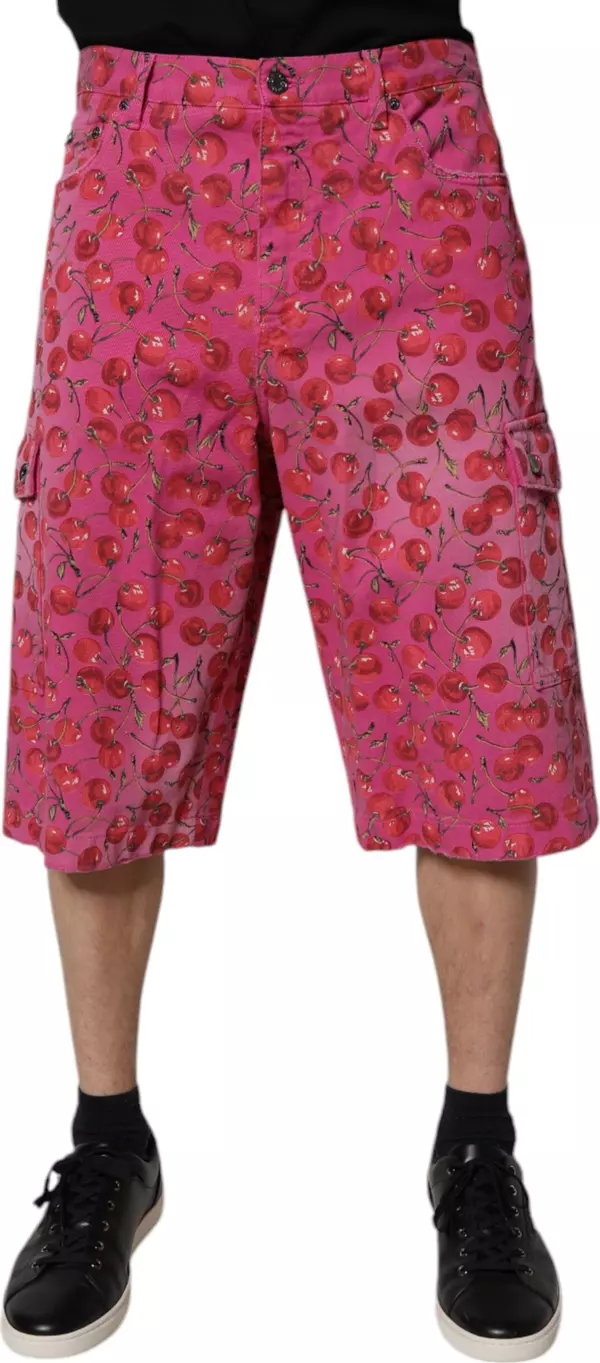 Pink Cherry Print Cargo Cotton Shorts
