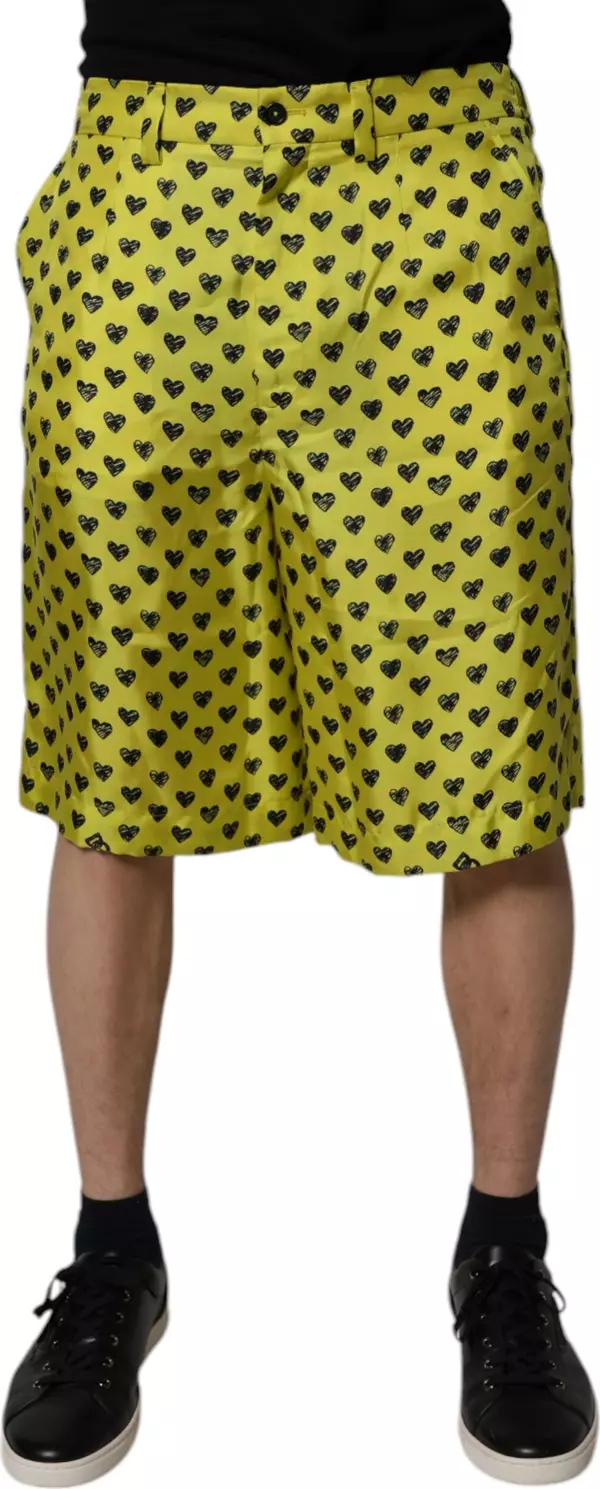 Green Silk Heart Print Bermuda Shorts
