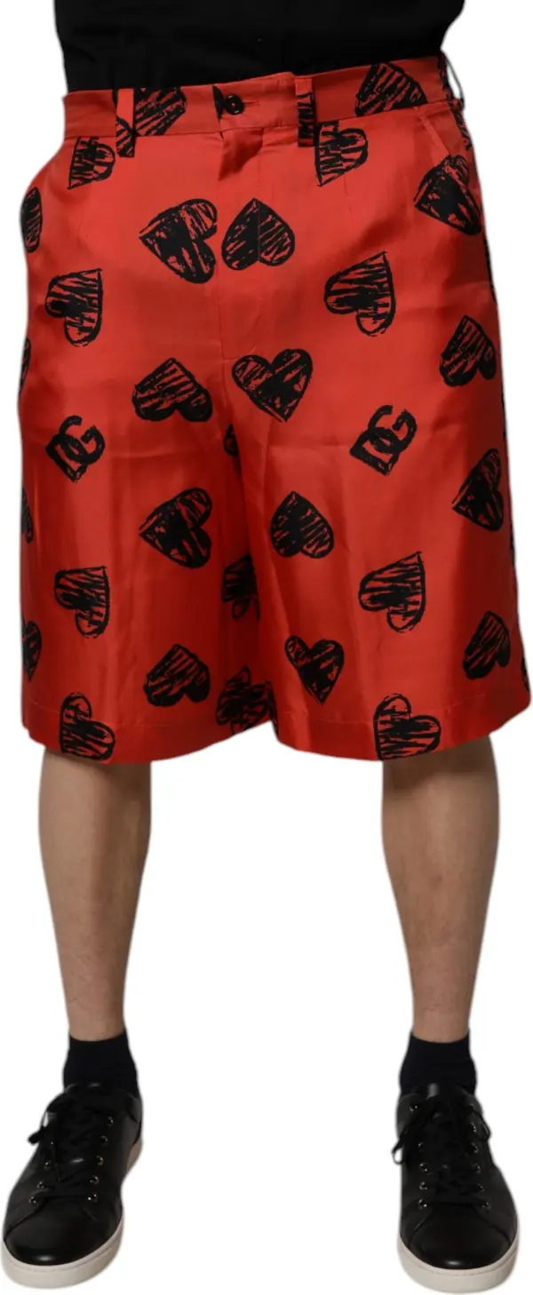 Orange Silk Heart Print Bermuda Shorts