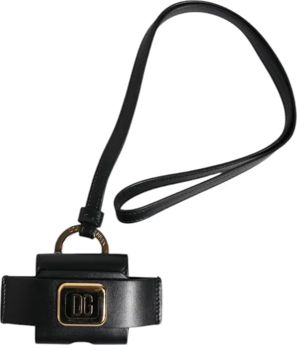 Black Leather Strap Gold Metal Logo Plaque Airpods Case