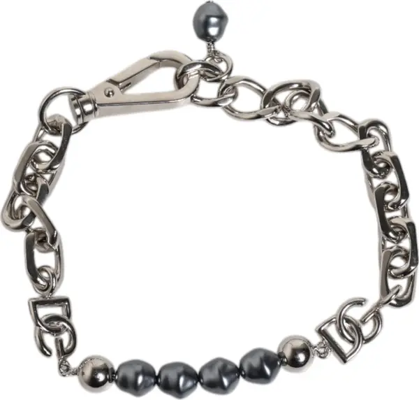 Silver Tone Chain Lobster Clasp Logo Gray Pearls Bracelet