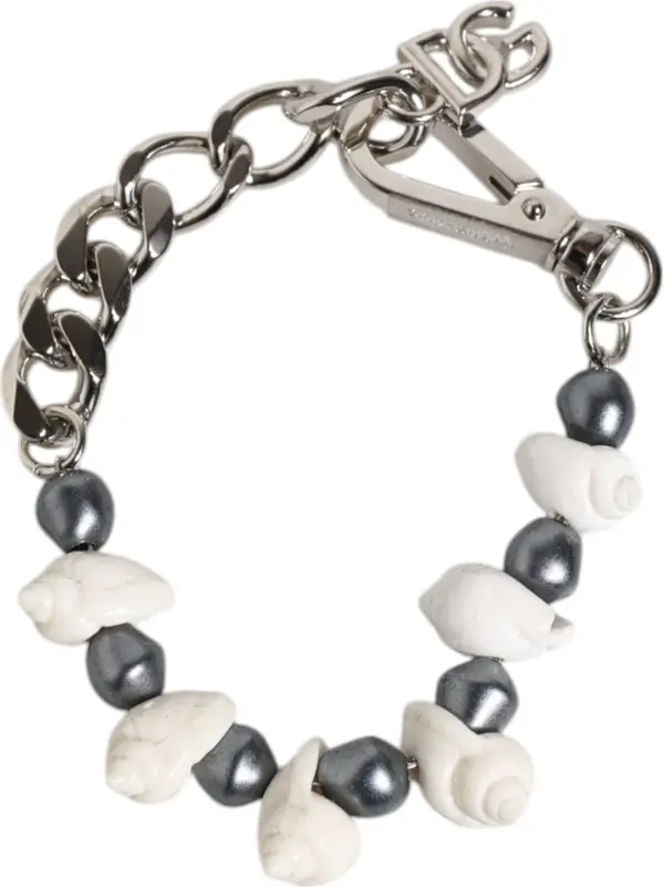 Silver Tone Brass Beaded Shell DG Logo Pendant Bracelet