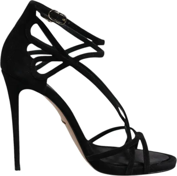 Black Leather Stiletto Heels Sandals Shoes