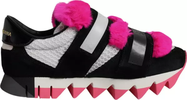 Black Pink Fur Embellished Sneakers Shoes