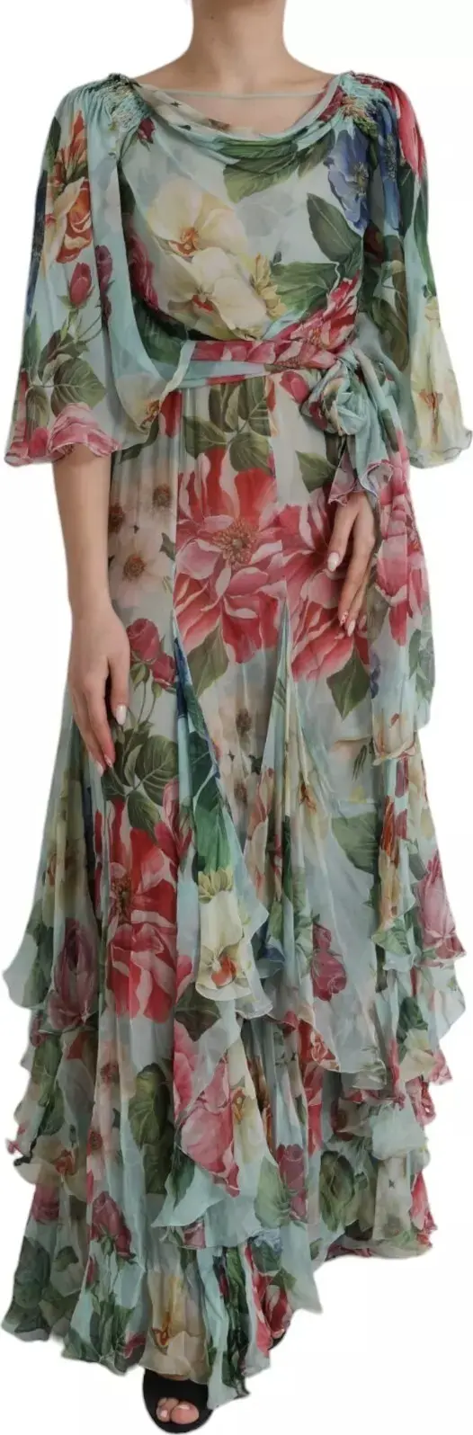 Blue Floral Print Tiered Long Maxi Dress