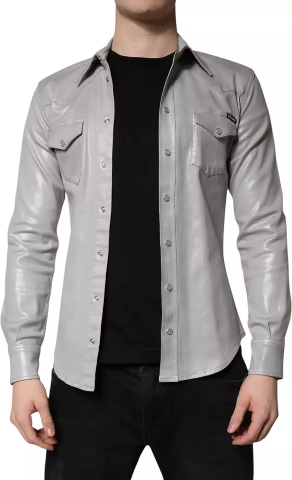Metallic Gray Cotton Button Down Shirt