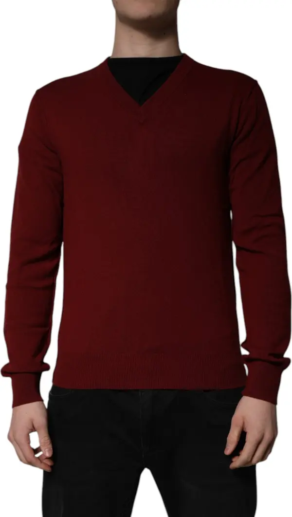 Maroon Cashmere V-neck Men Pullover Sweater