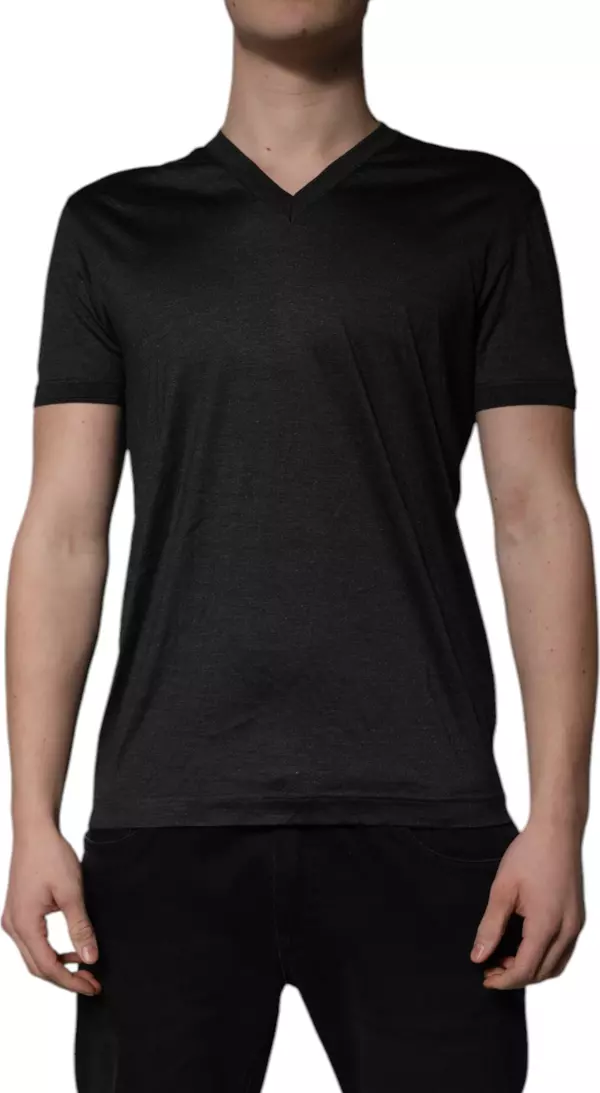 Dark Gray Silk V-neck Short Sleeves T-shirt