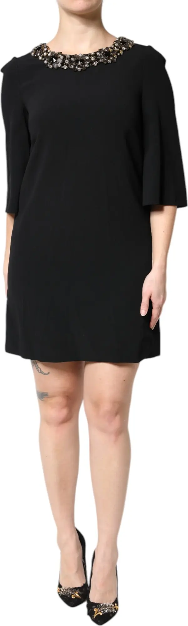 Black Crystal Embellished Round Neck Mini Dress